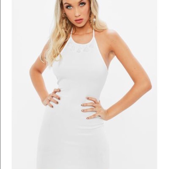 Scuba 90s Neck Tassel White Bodycon Dress NWT - Picture 3 of 6